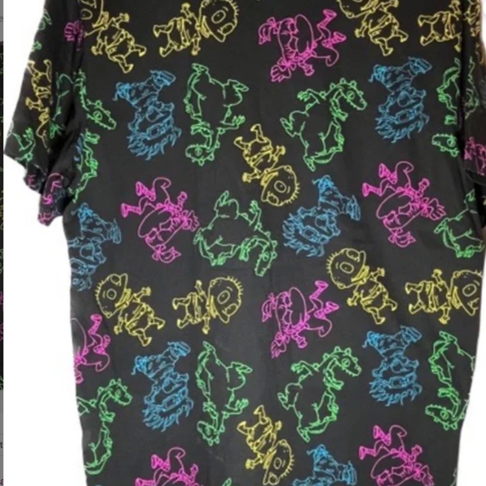Rugrats Shirt Mens Large Black Neon‎ All Over Print Nickelodeon Cartoon Tee - Picture 5 of 11